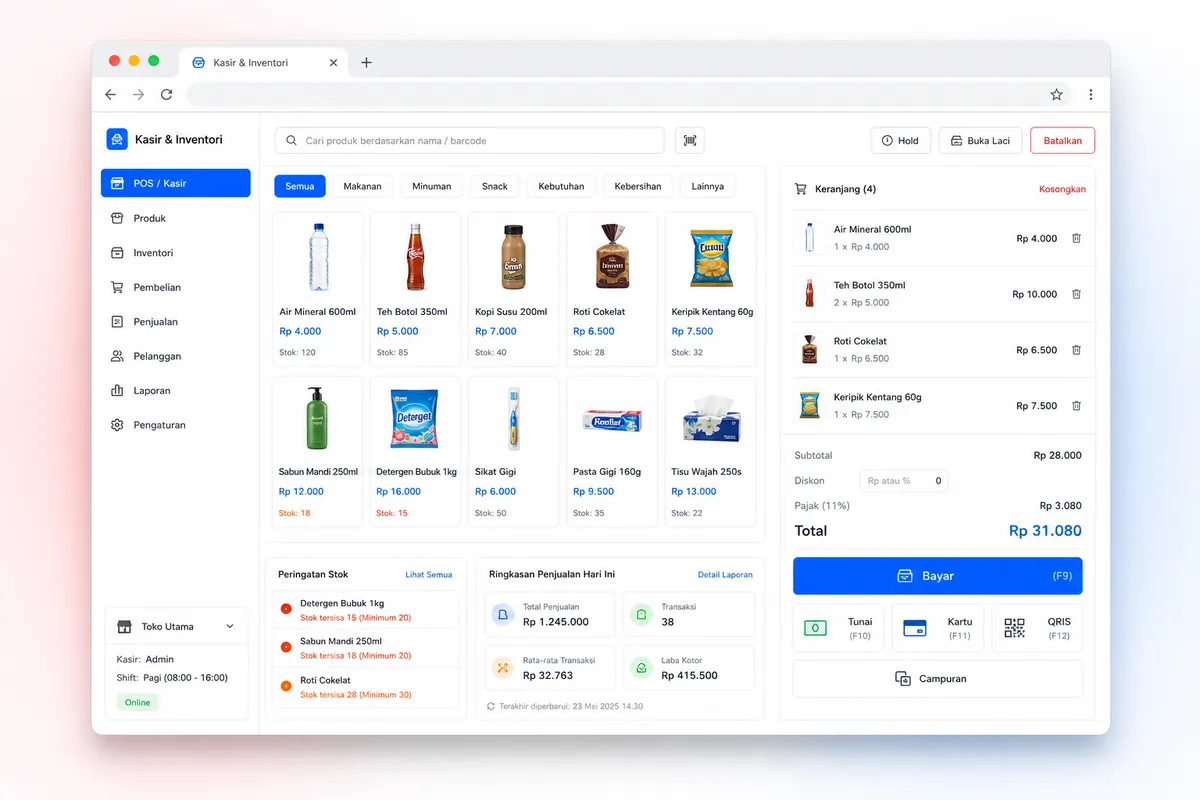 Contoh tampilan aplikasi POS dan inventori